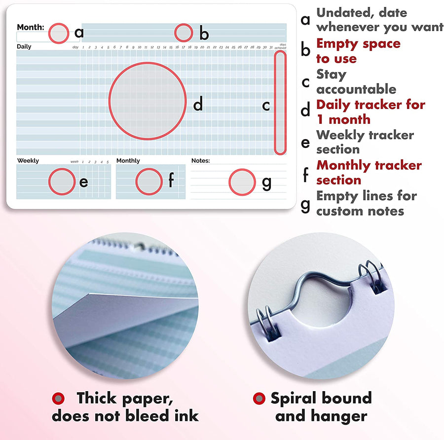 Habit Tracker Calendar (Undated 12 Month) with Spiral Bound and Hanger, A4 size (8.3